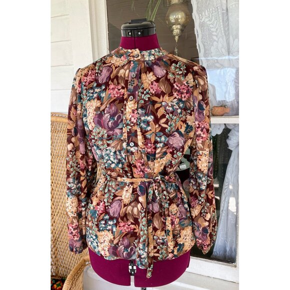 Montgomery Wards Tops - Vintage 1970s Floral Womens Belted Blouse Disco Size M